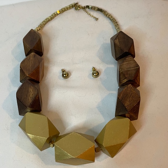 Vintage geometric brown wood and gold large abstract necklace earrings! - Picture 2 of 11